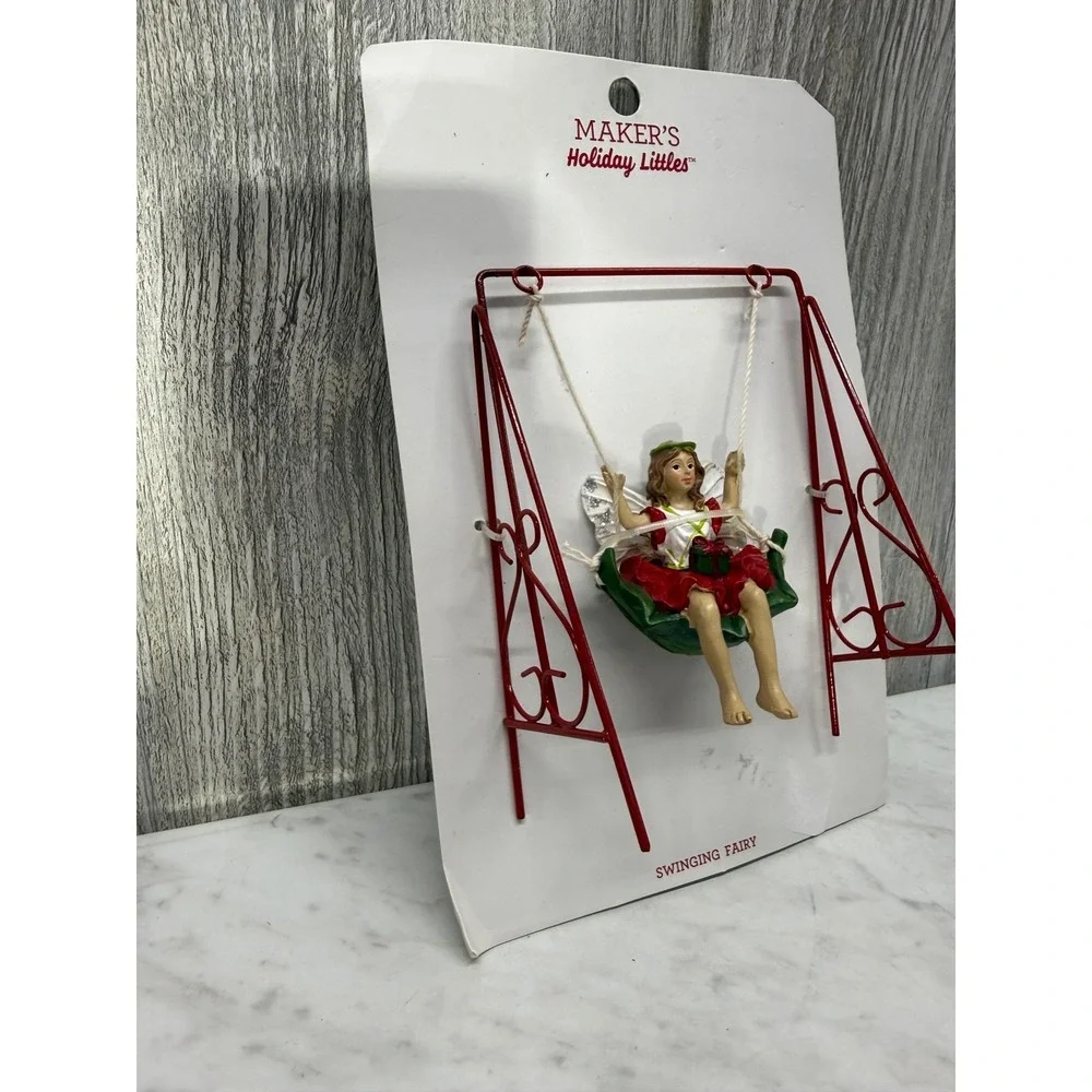 Makers Holiday Littles Swinging Fairy Miniature Figurine Red White Green 1550